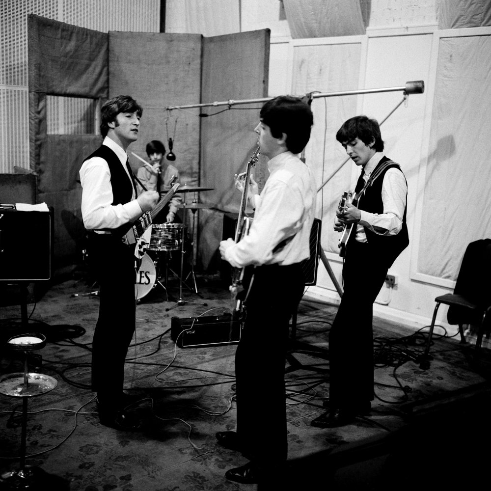 The band in the studio recording A Hard Day's Night